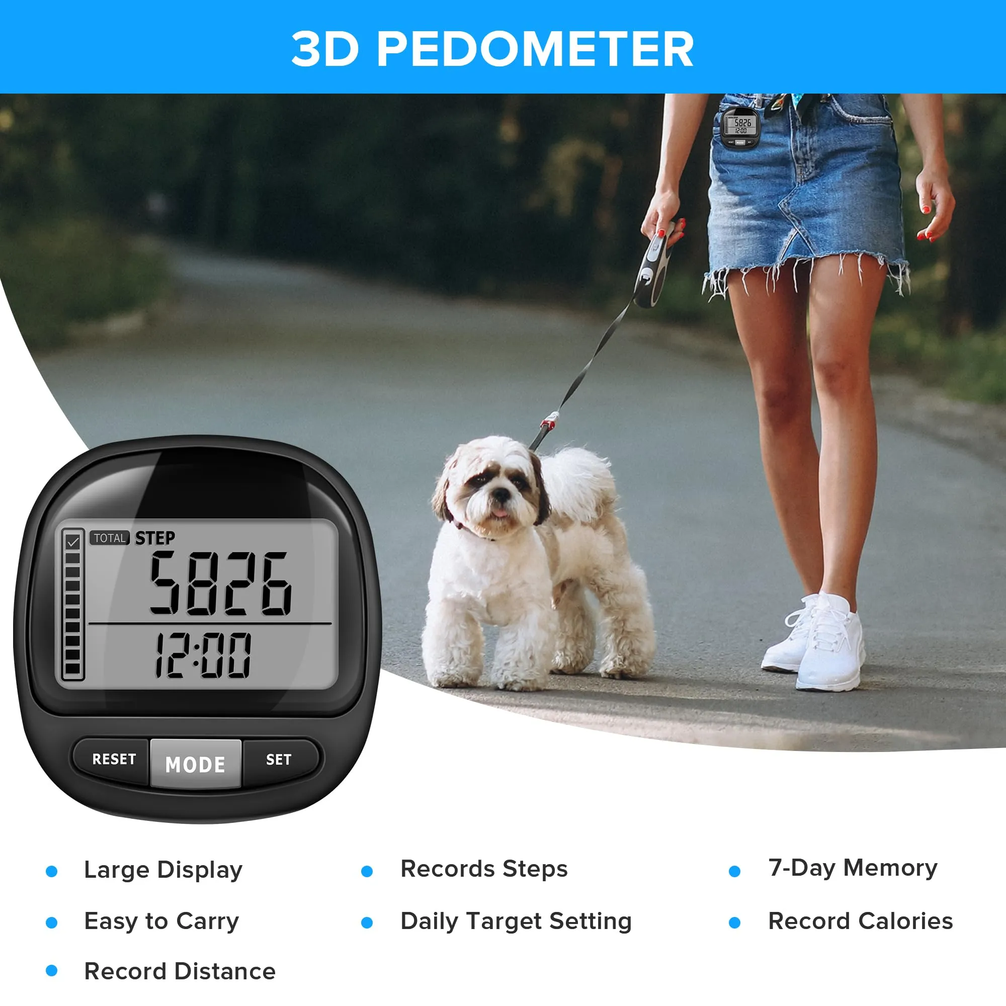 3D Pedometer Step Counter for Walking and Miles, Simple Step Tracker with Large Digital Display and Clip Lanyard, Steps Track Accurately Steps Monitor Watch for Women Men Adults Seniors Dog