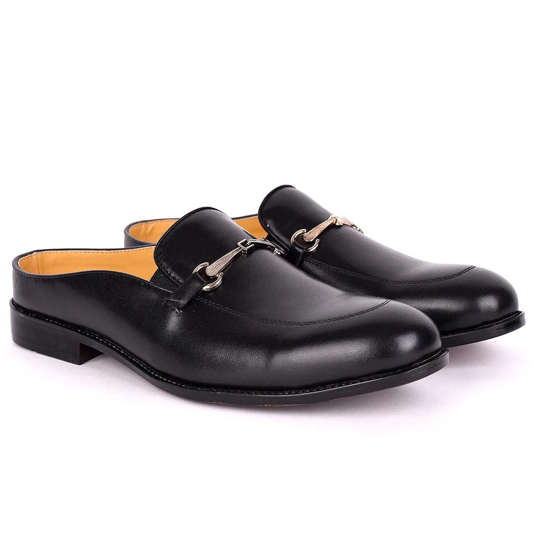 Abraham Mathias Plain Leather Chain Logo Men's Half Shoe- Black