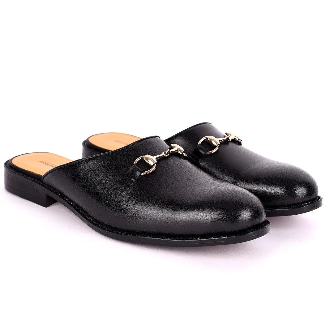 Abraham Mathias Plain Leather Chain Logo Men's Half Shoe- Black