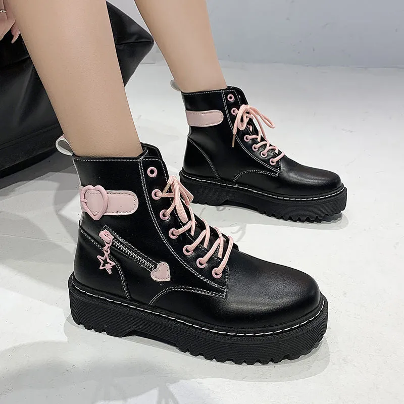 Amozae-QWEEK Lolita Japanese Kawaii Pink Black Martin Boots Short Love Shoes 2024 New Platform Wild Thick-heeled Rubber Wedges Shoes