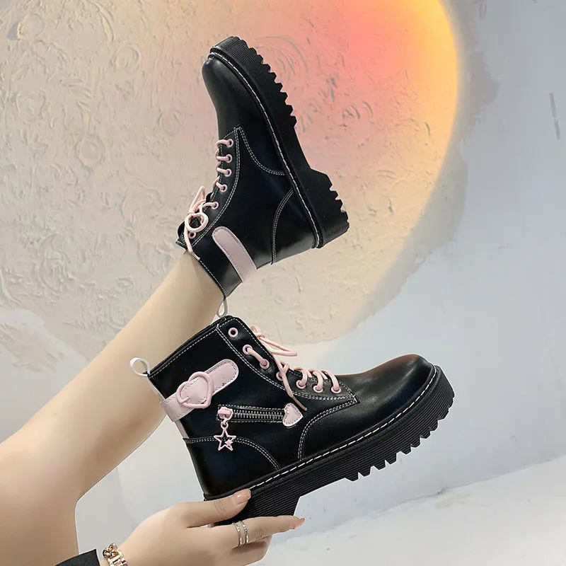 Amozae-QWEEK Lolita Japanese Kawaii Pink Black Martin Boots Short Love Shoes 2024 New Platform Wild Thick-heeled Rubber Wedges Shoes