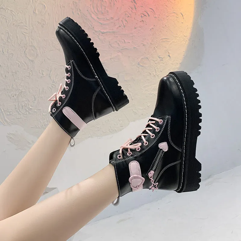 Amozae-QWEEK Lolita Japanese Kawaii Pink Black Martin Boots Short Love Shoes 2024 New Platform Wild Thick-heeled Rubber Wedges Shoes