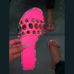 Amozae-Summer Slides Women Flip Flops Shoes Slippers Gemstone Rhinestones Slipper Ladies Slides Wild Diamond Flat Slippers