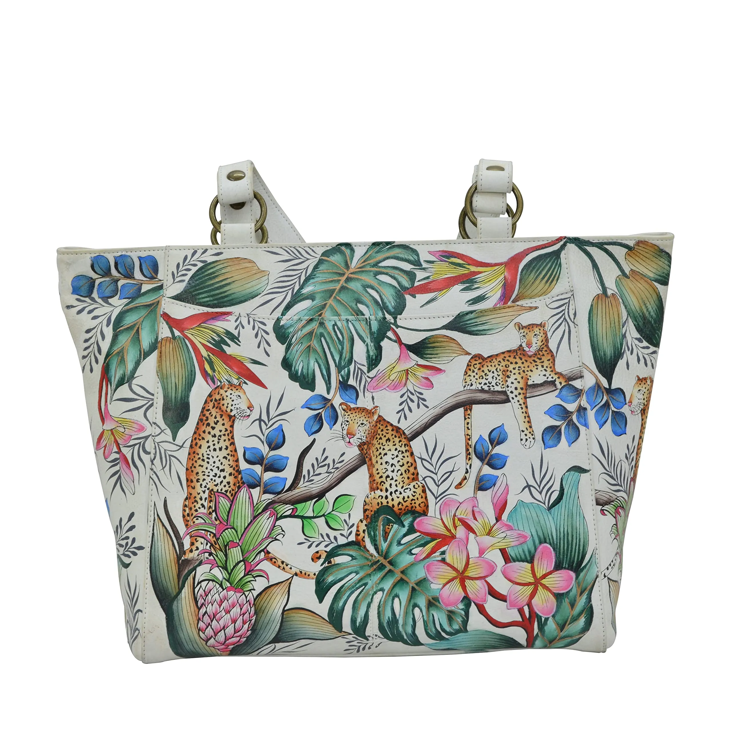 Anuschka Hand Painted Women’s Genuine Leather Classic Work Tote - Jungle Queen Ivory