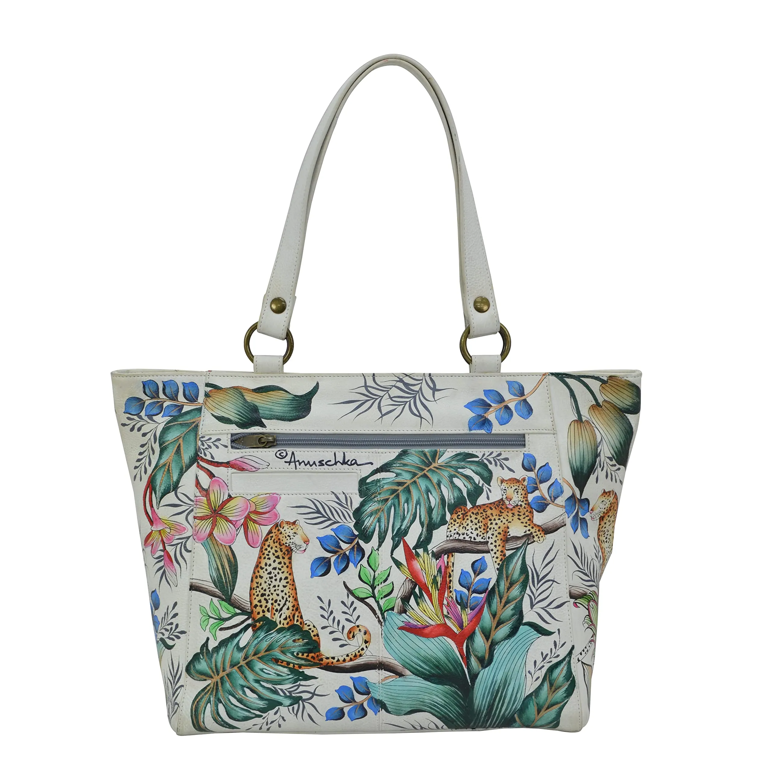 Anuschka Hand Painted Women’s Genuine Leather Classic Work Tote - Jungle Queen Ivory