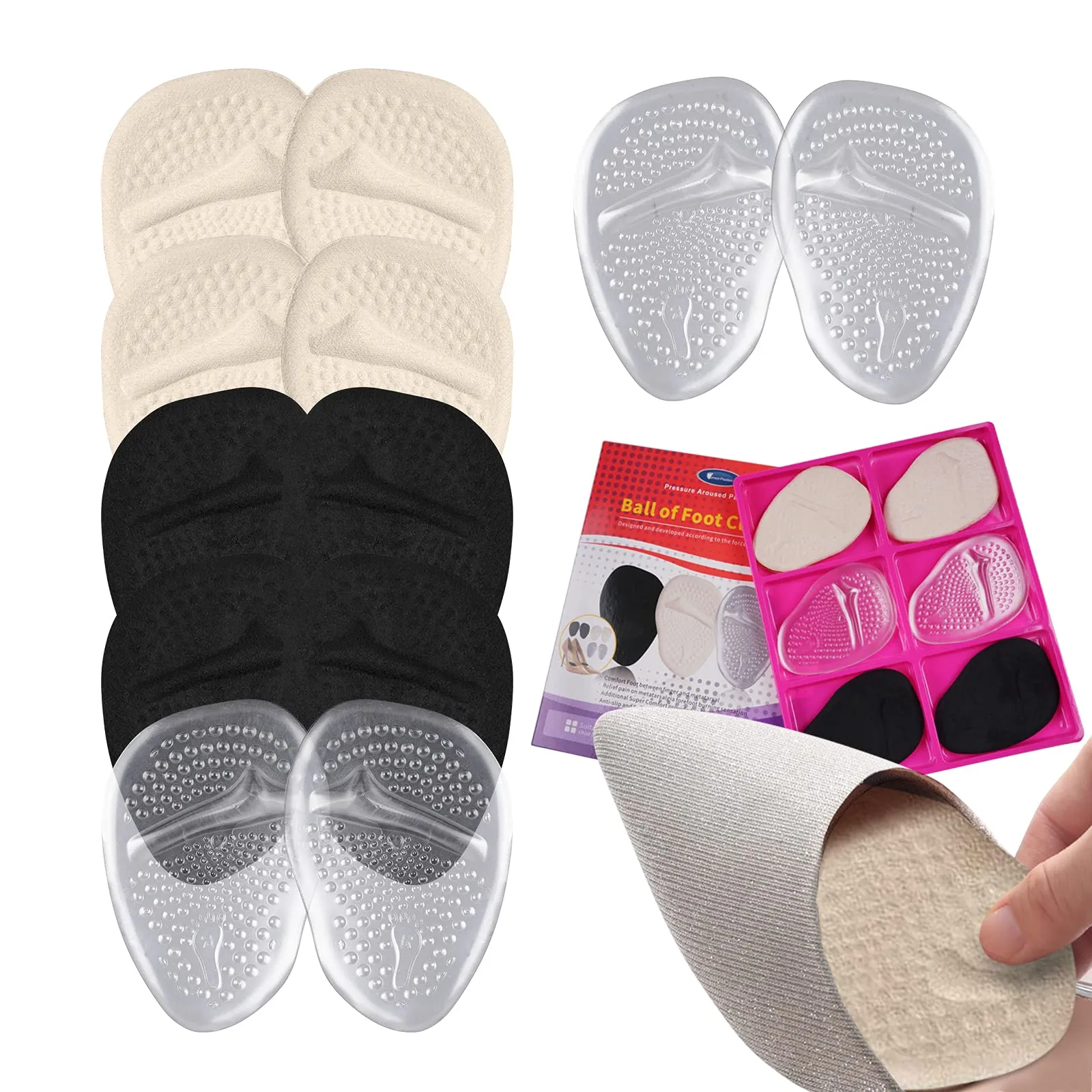 Ball of Foot Cushions High Heels for Women, Soft Gel Insoles Metatarsal Pads Forefoot Heel Cushion Inserts Relieves Pain and Discomfort Forefoot Cushioning for Mortons Neuroma Pain Relief 6 Pair 2 Black 2 White 2 Skin 6 Pair (Pack of 1)