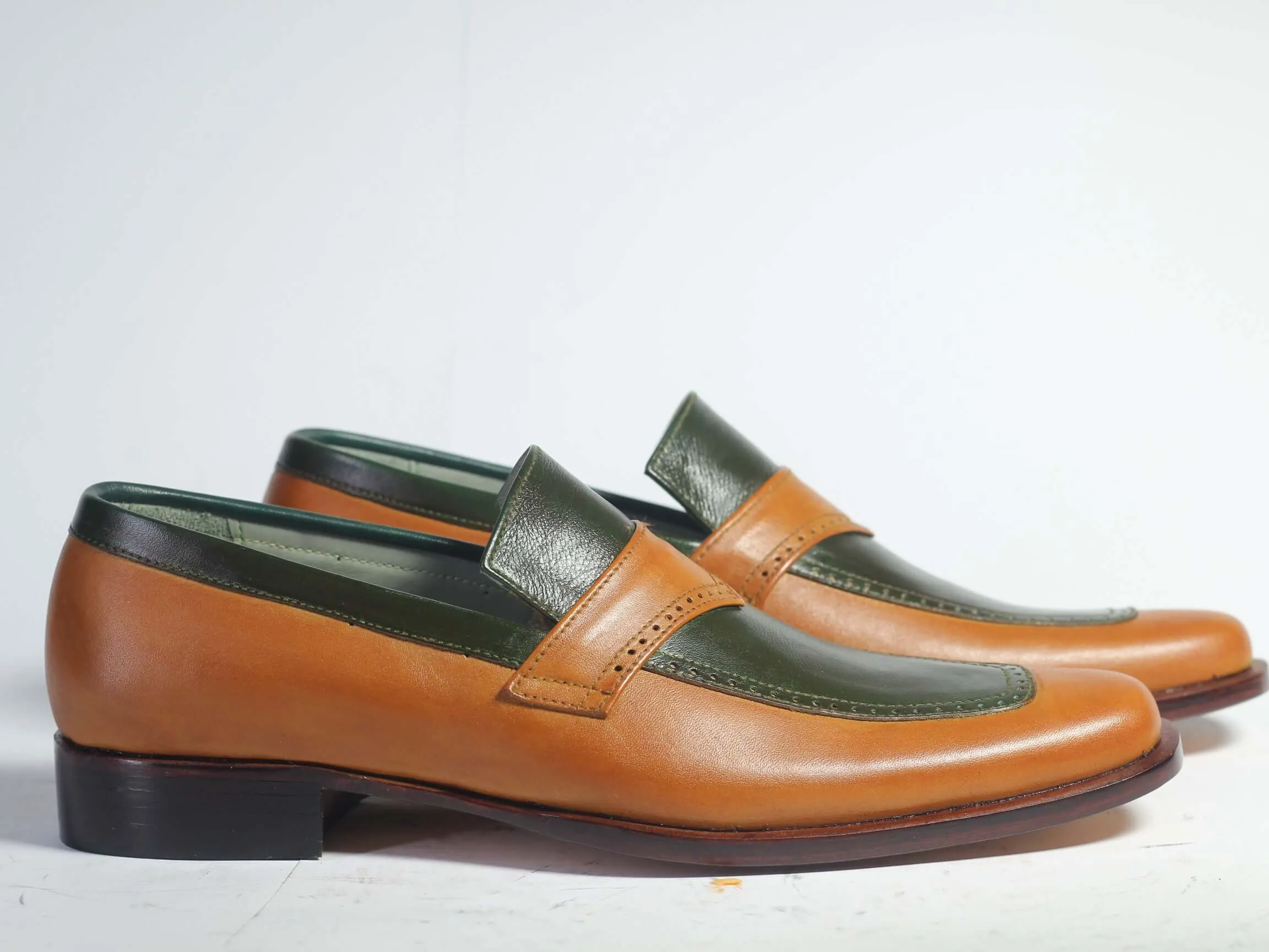 Bespoke Brown Black Leather Penny Loafer for Men