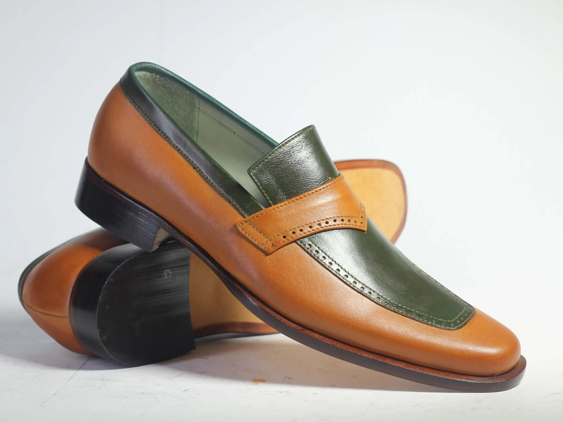 Bespoke Brown Black Leather Penny Loafer for Men