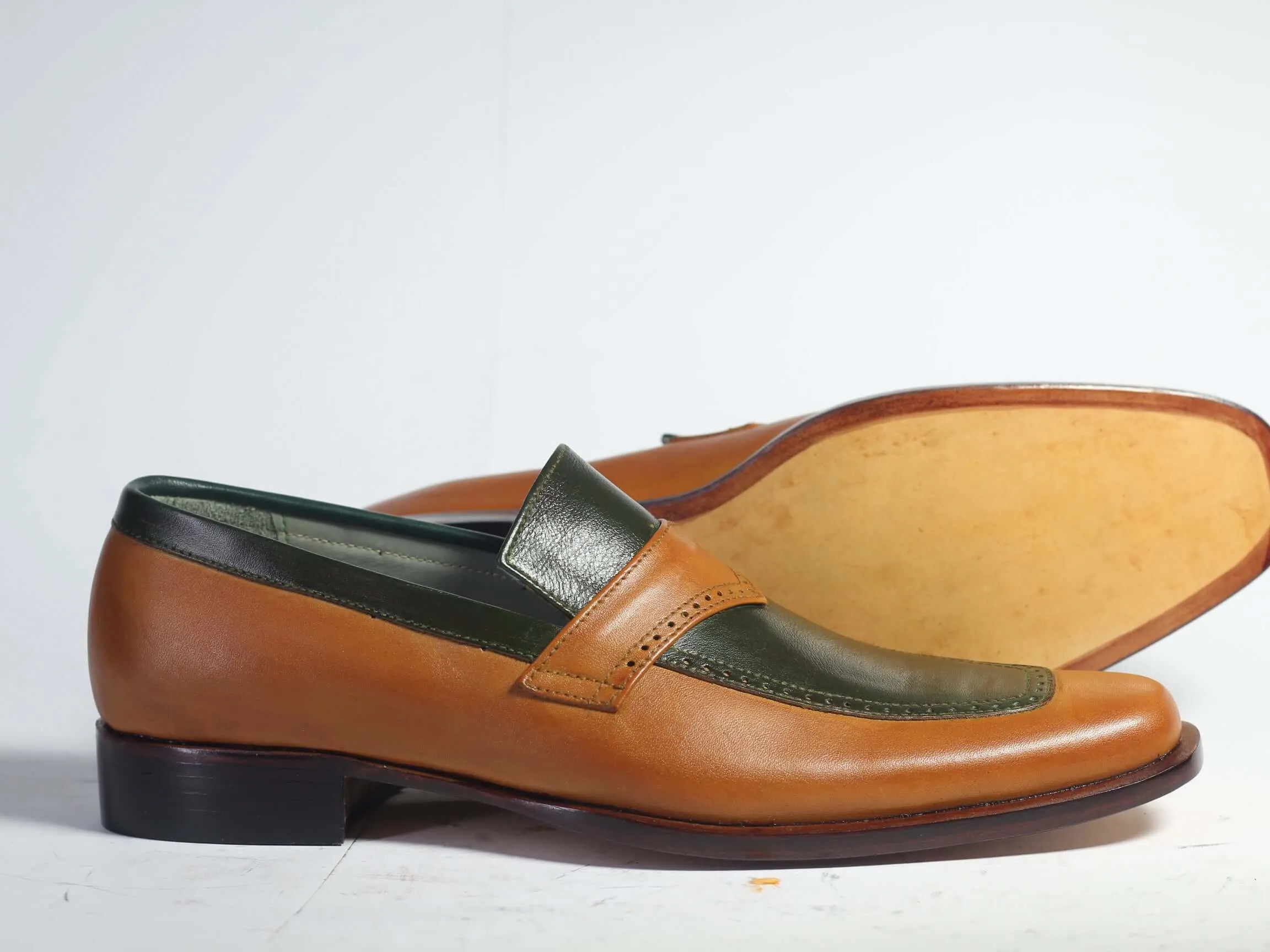 Bespoke Brown Black Leather Penny Loafer for Men