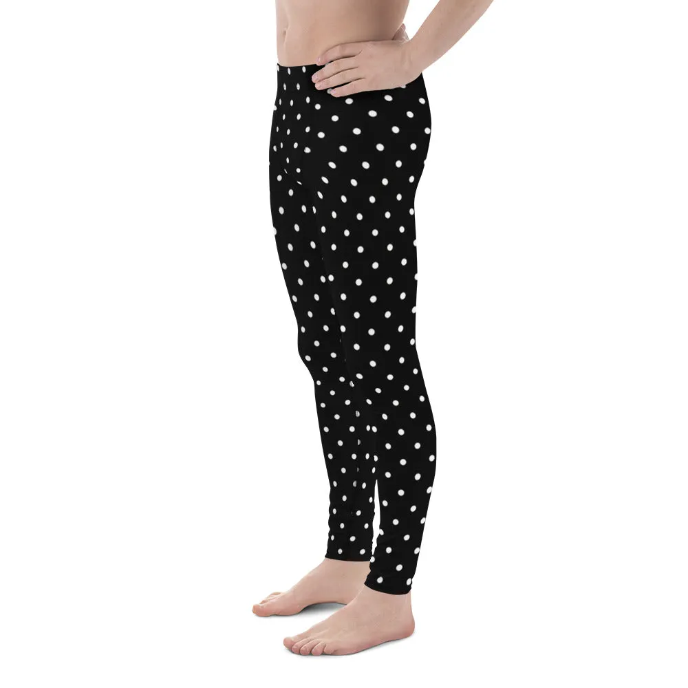 Black White Dots Meggings, Polka Dots Print Premium Men's Leggings-Made in USA/EU