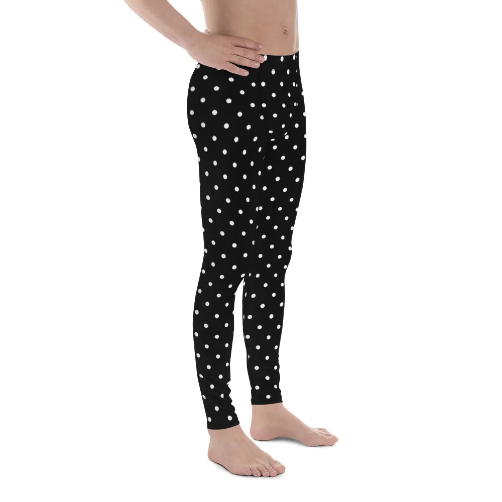 Black White Dots Meggings, Polka Dots Print Premium Men's Leggings-Made in USA/EU