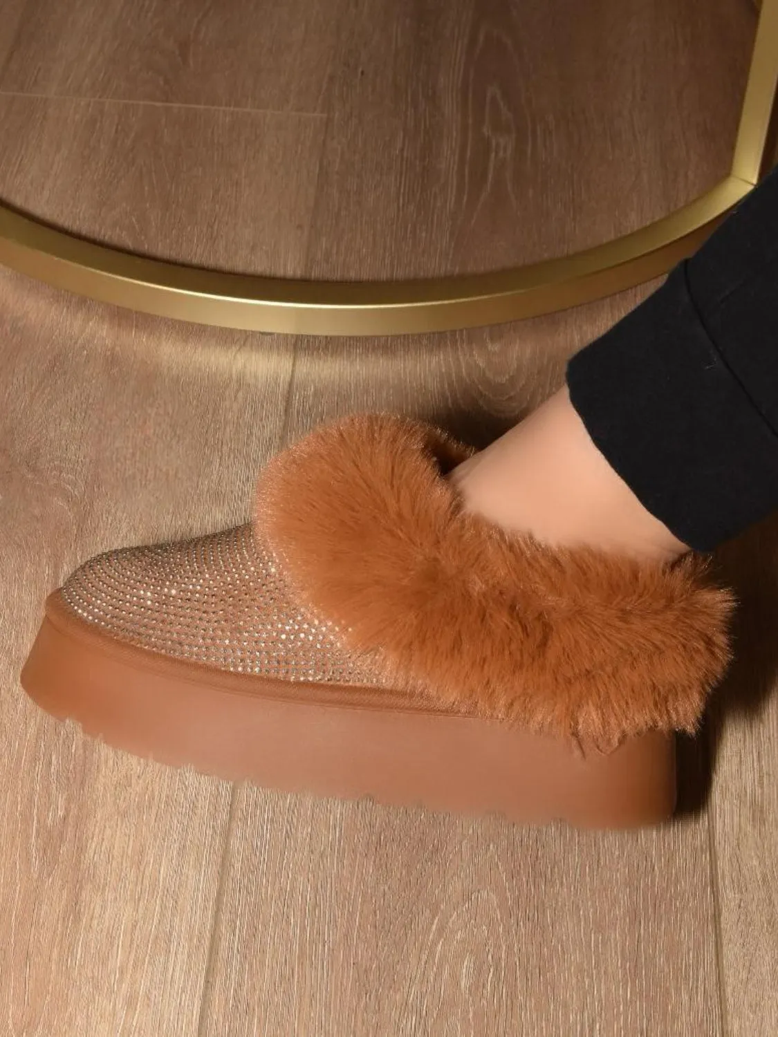 Bling Platform Fur Booties (chestnut)