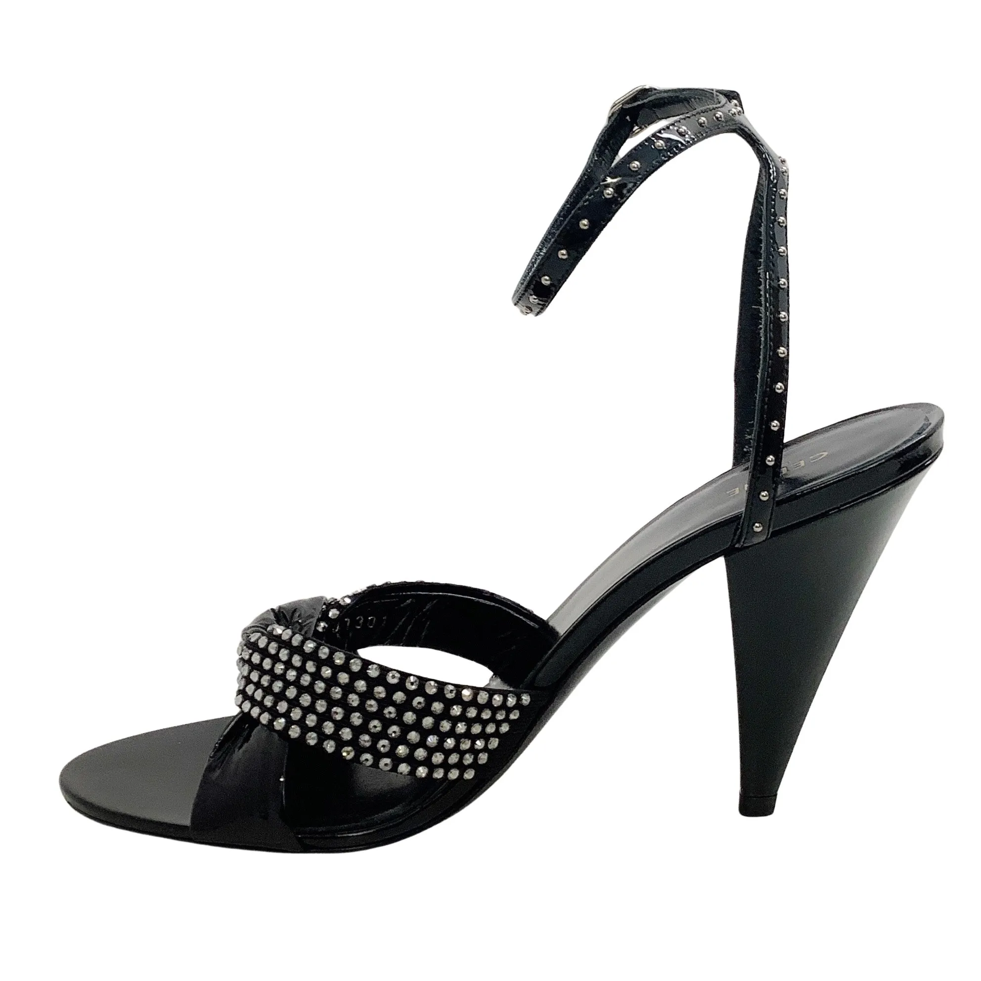 Celine Black Patent Edwige Sandals with Crystal Embellishments