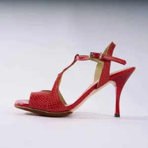 Cherry Red Snake Textured Leather - Handmade Tango Shoes - Jazmin 5005