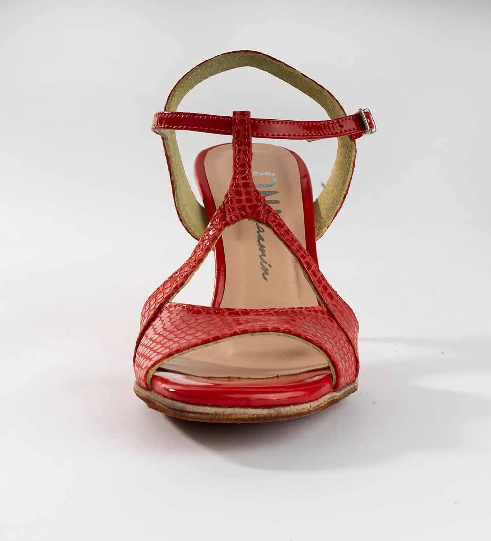 Cherry Red Snake Textured Leather - Handmade Tango Shoes - Jazmin 5005