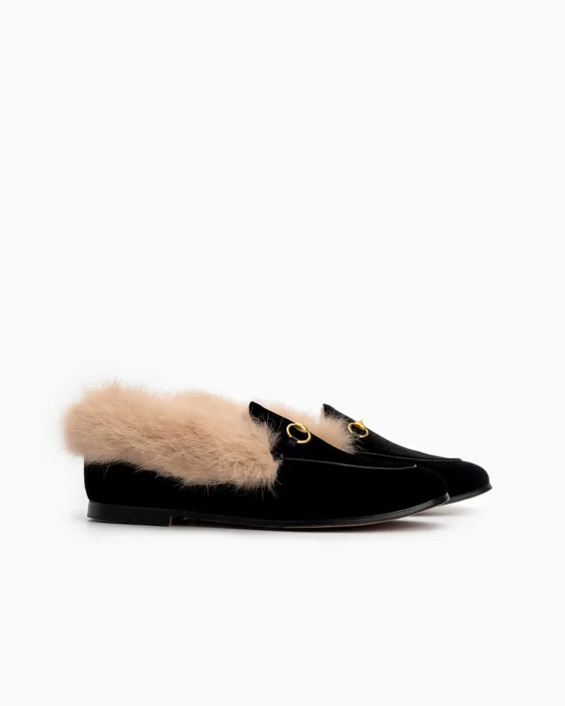 (Clean Up) Classic Horsebit Velvet Fur Flat Loafers