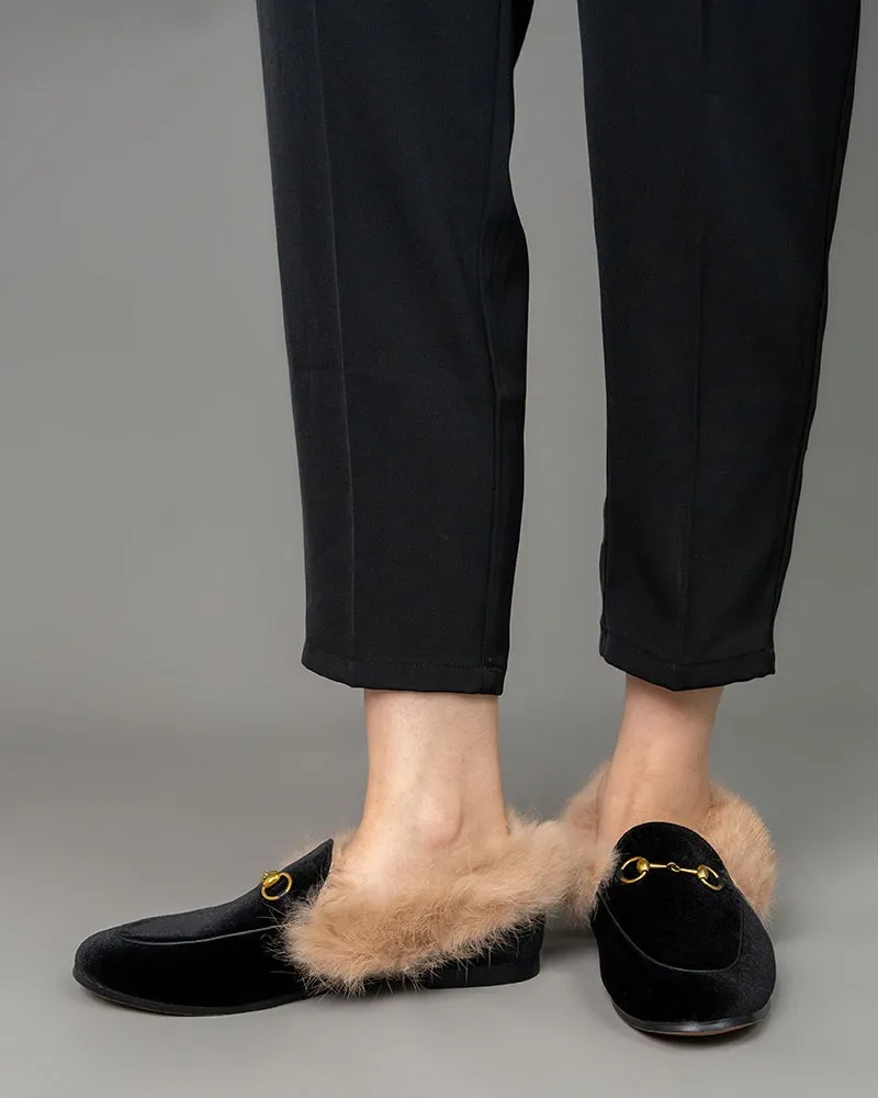 (Clean Up) Classic Horsebit Velvet Fur Flat Loafers