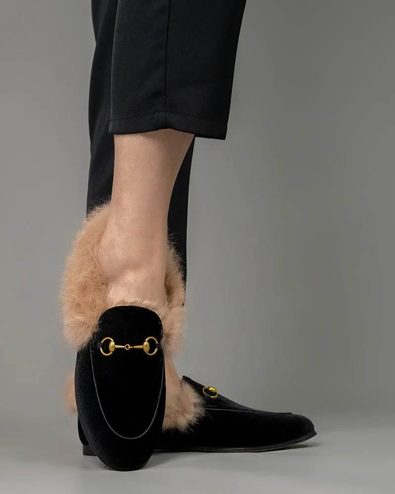 (Clean Up) Classic Horsebit Velvet Fur Flat Loafers