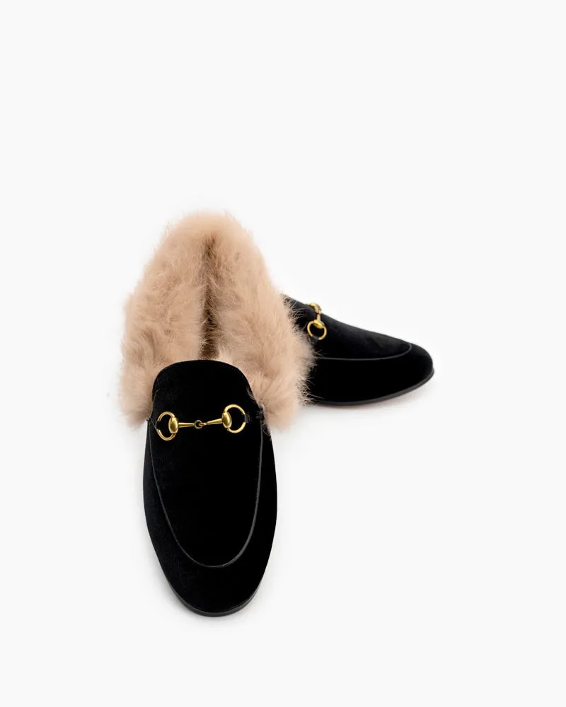 (Clean Up) Classic Horsebit Velvet Fur Flat Loafers