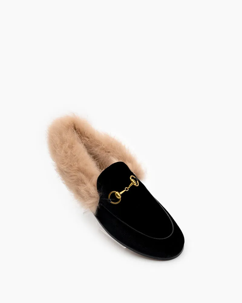 (Clean Up) Classic Horsebit Velvet Fur Flat Loafers