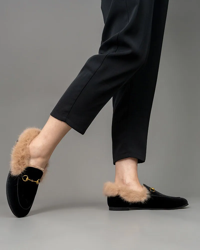 (Clean Up) Classic Horsebit Velvet Fur Flat Loafers