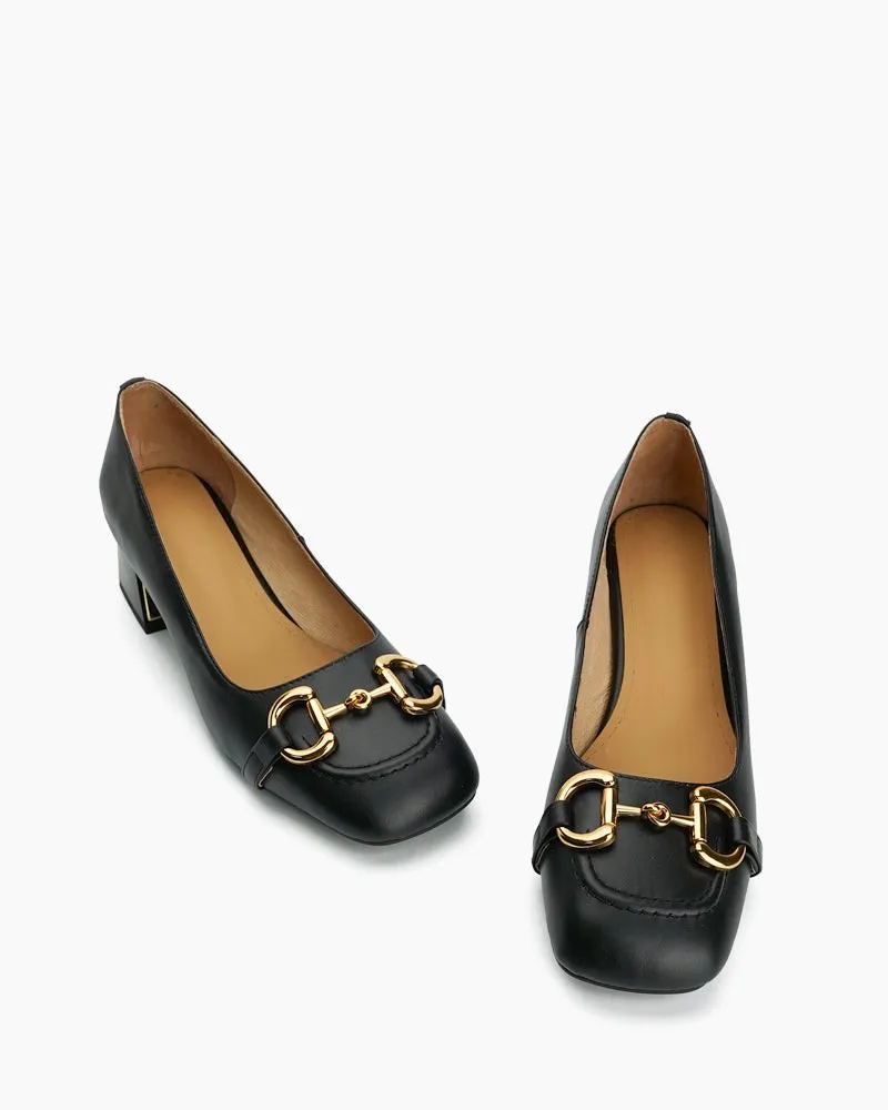 (Clean Up) Classic Metal Buckle Mid Heel Shallow Mouth Loafers