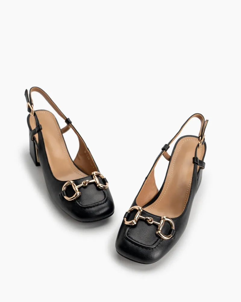 (Clean Up) Classic Metal Buckle Thick Heel Slingback Loafers