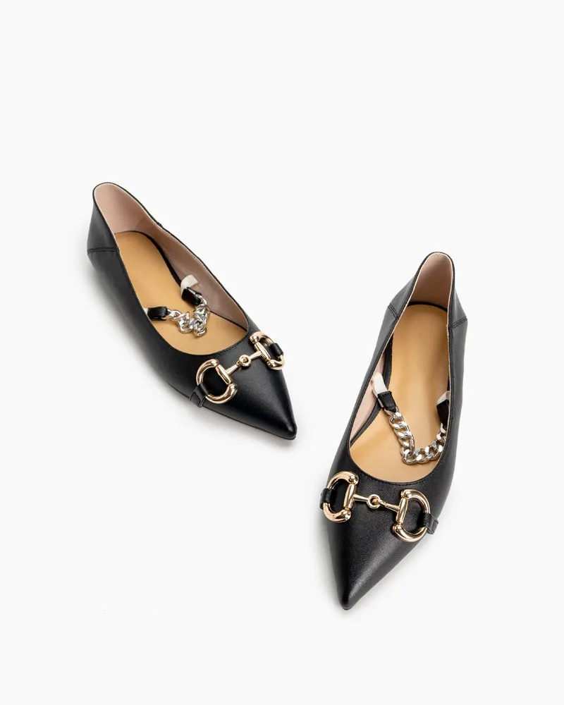 (Clean Up - US 8) Classic Metal Buckle Chain Decor Leather Pointed Toe Flats