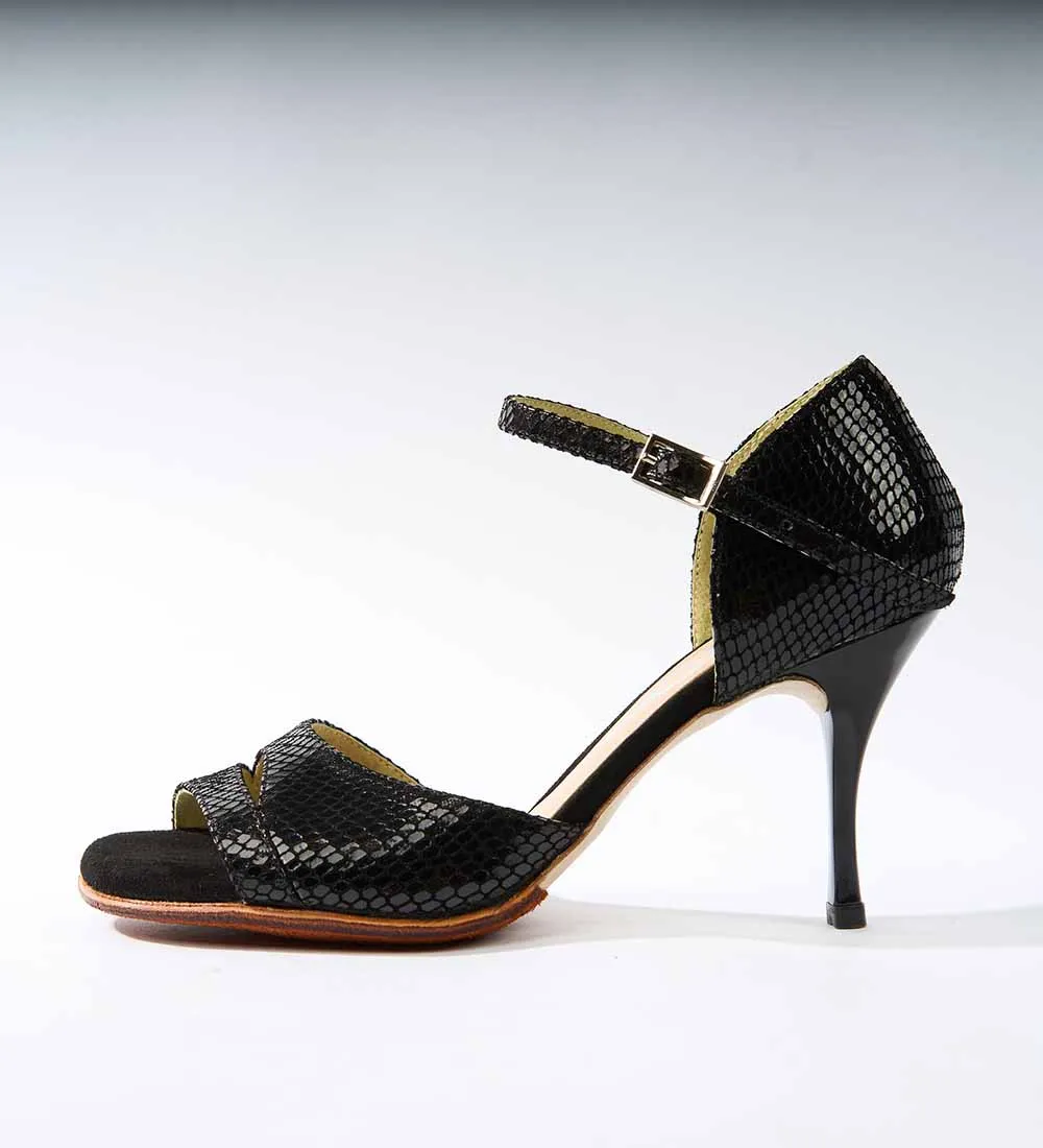 Closed Heel Black Snake Textured - Handmade Tango Shoe - Dana 4214