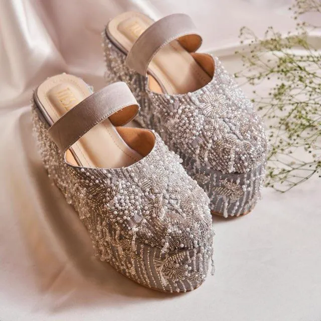 Customizable Hand-Embroidered Platform Shoes with Floral Beadwork | Bridal & Festive Wear