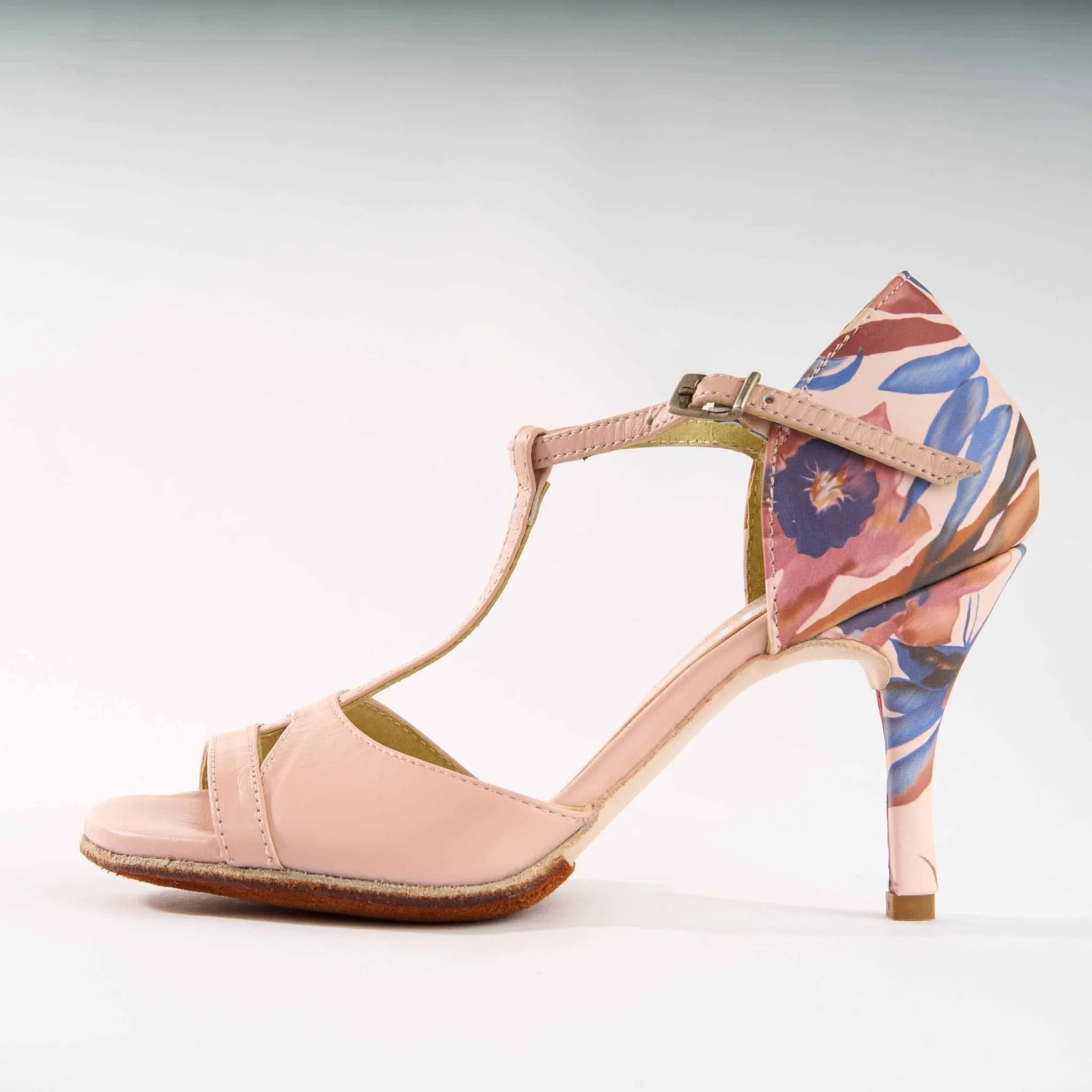 Elegant Nude and Blue Floral - Handmade Tango Shoes - Dana 4211