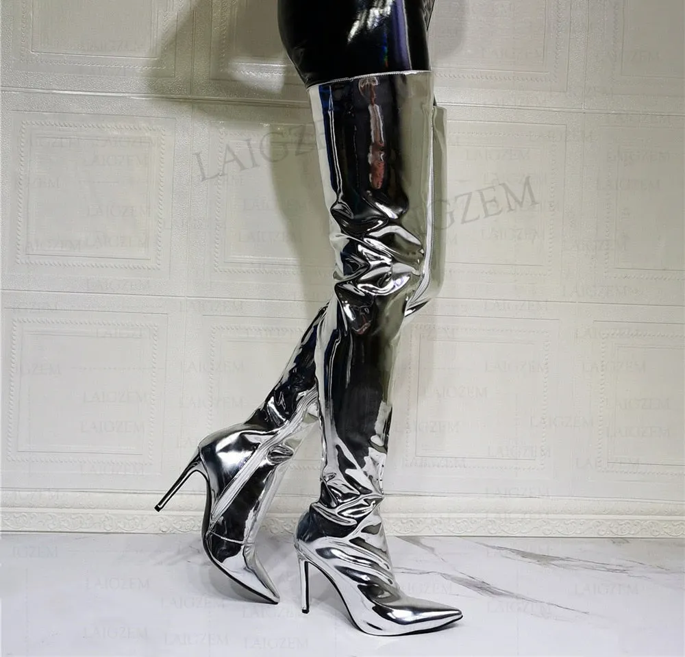 Gold and Silver Thigh High High Boots Large Sizes