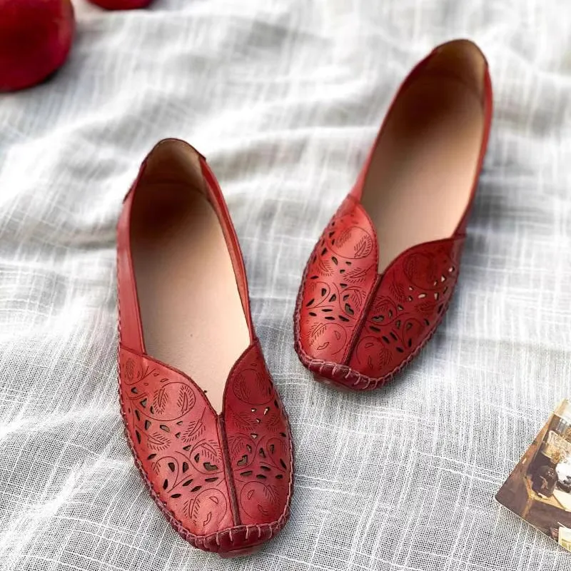 Handmade Full Grain Leather Flats Shoes Women Hollow-out Soft Loafers in Red/Beige