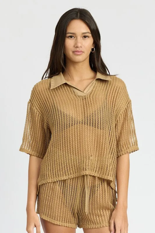 Hot Girl Cassie Collared Open Knit Lounge Shirt