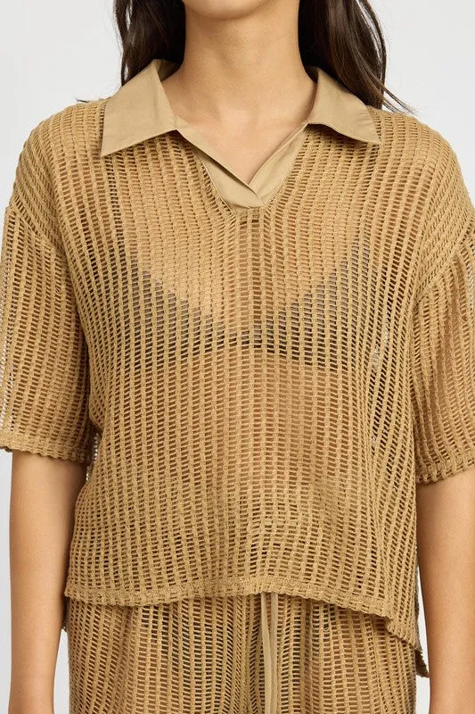 Hot Girl Cassie Collared Open Knit Lounge Shirt