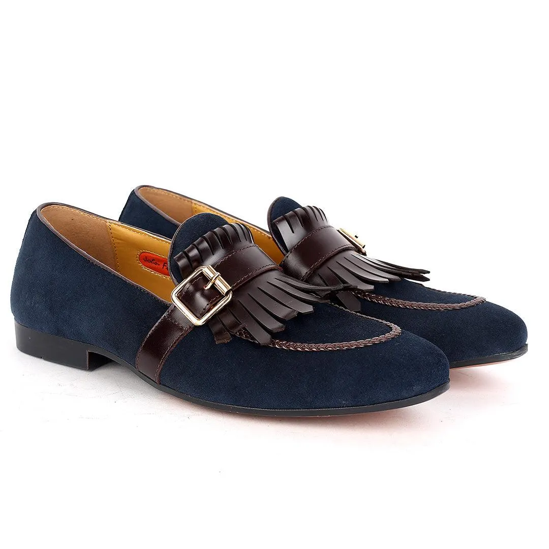 John Foster Blue Suede  Leather Coffee Fringe Side Buckle