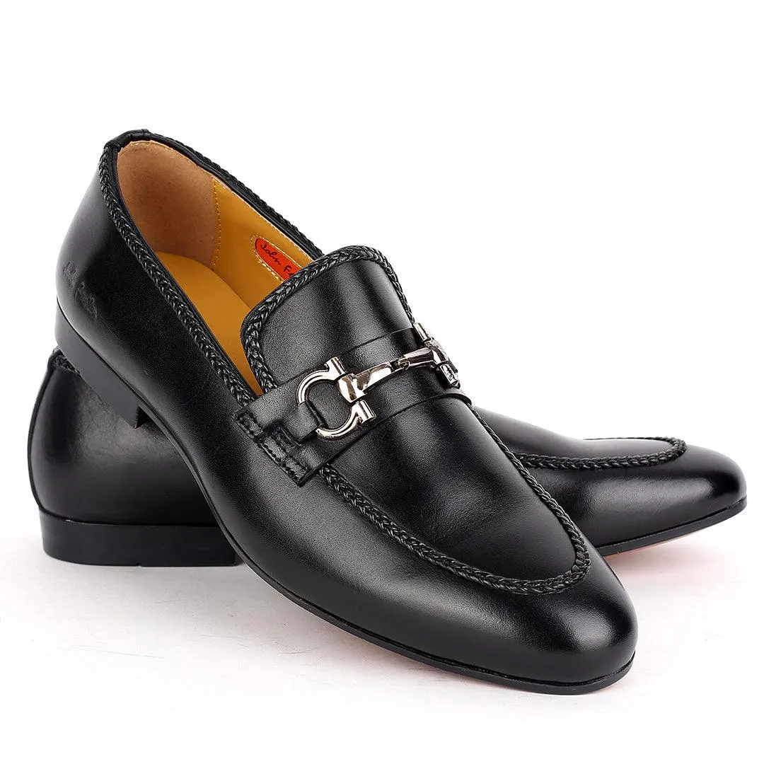 John Foster Elegant Black Textile Designed Leather Shoe