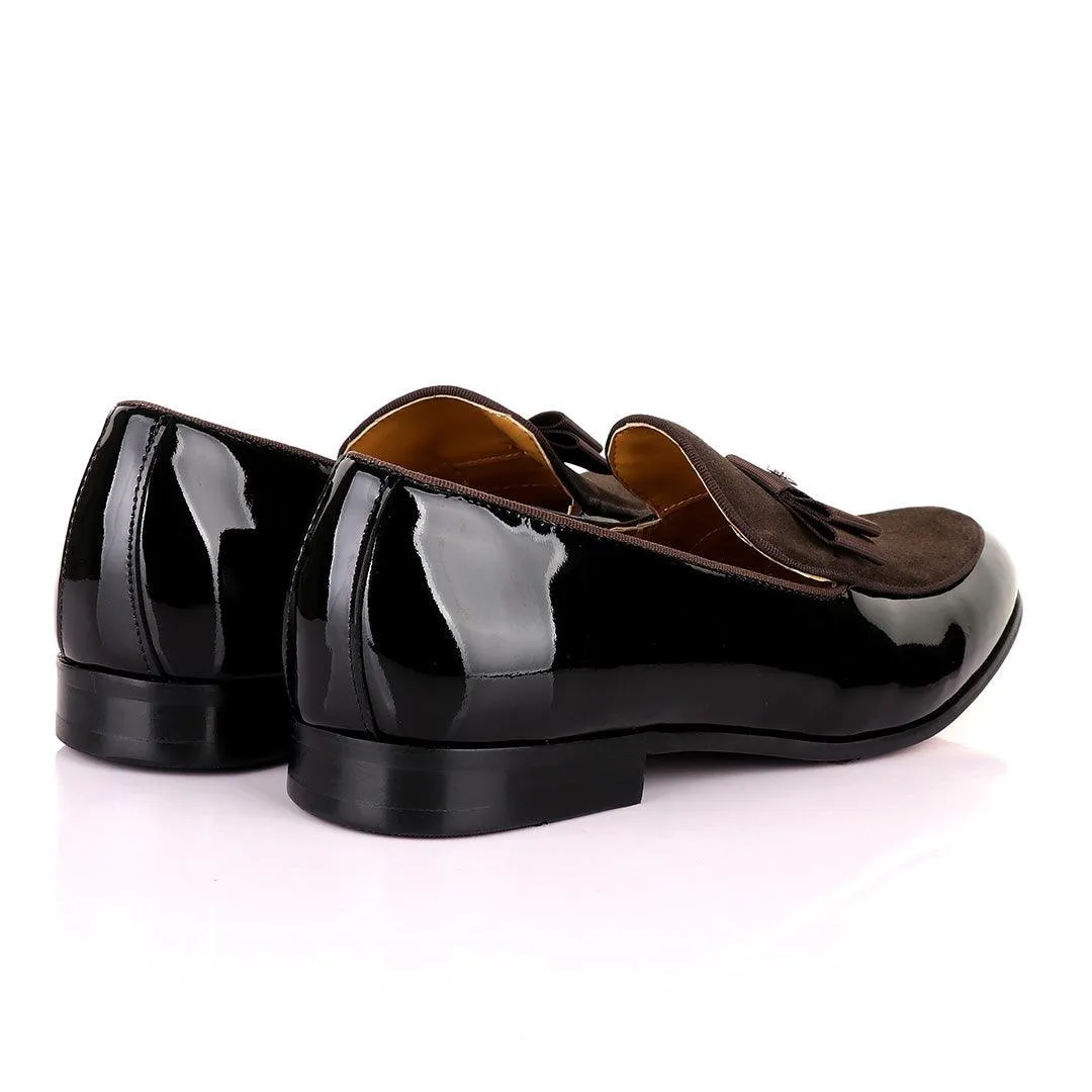 John Mendson Black Patent Bow With Coffee Suede Loafers Shoe