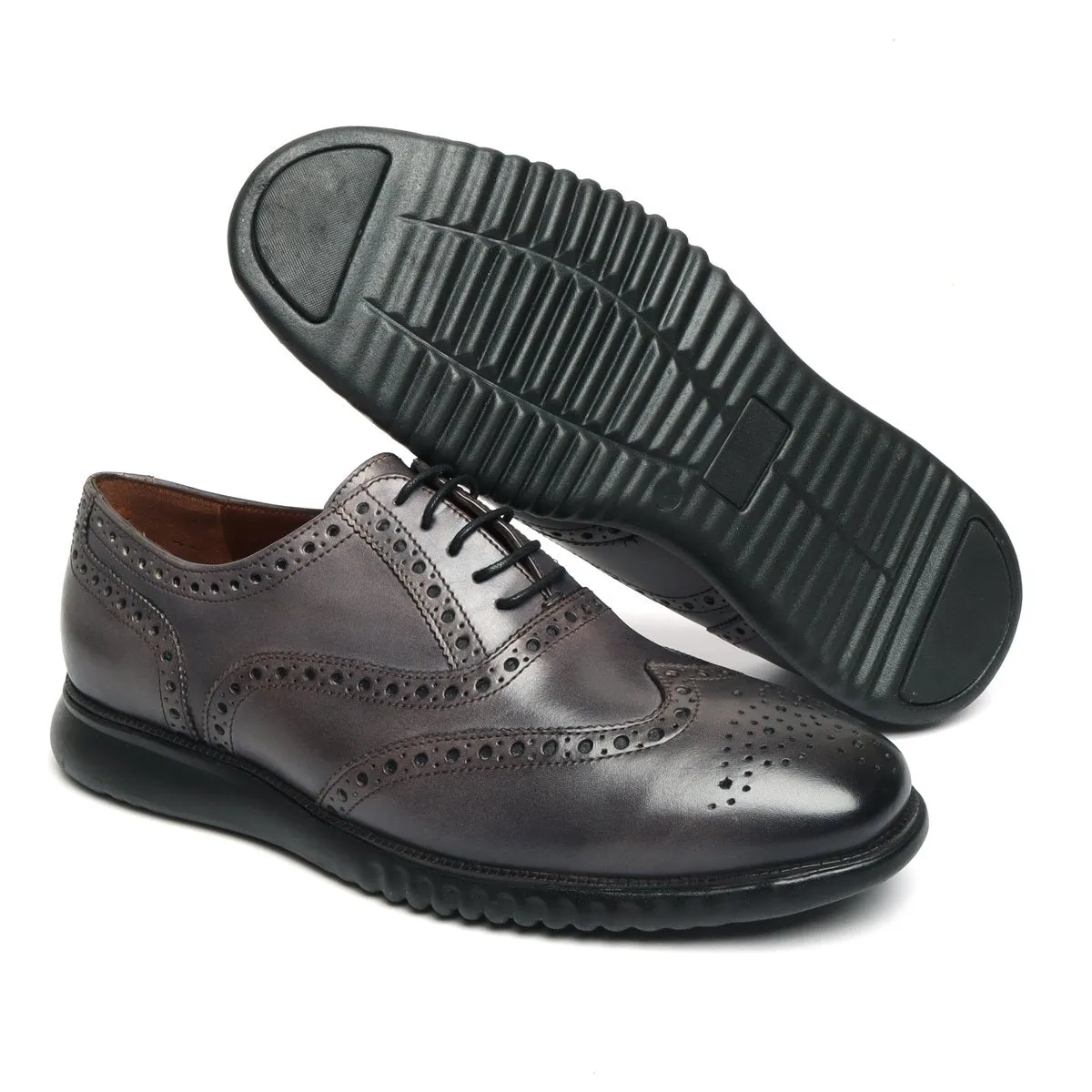 Light Weight Collection Grey Leather Brogue Shoe with Flat Cushioned Sole