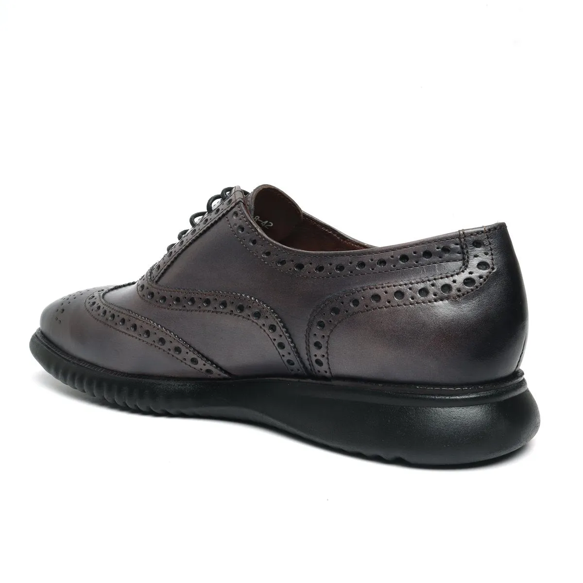 Light Weight Collection Grey Leather Brogue Shoe with Flat Cushioned Sole