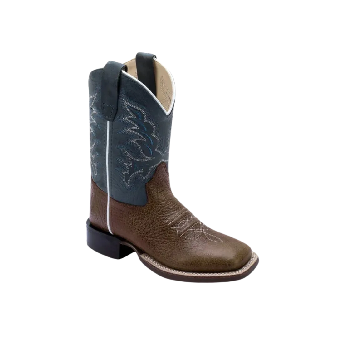 Old West Youth Unisex Broad Square Toe Brown Pillow Blue Leather Boots