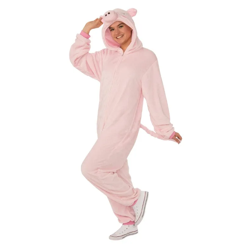 Pig Furry Hooded Onesie Adult Costume