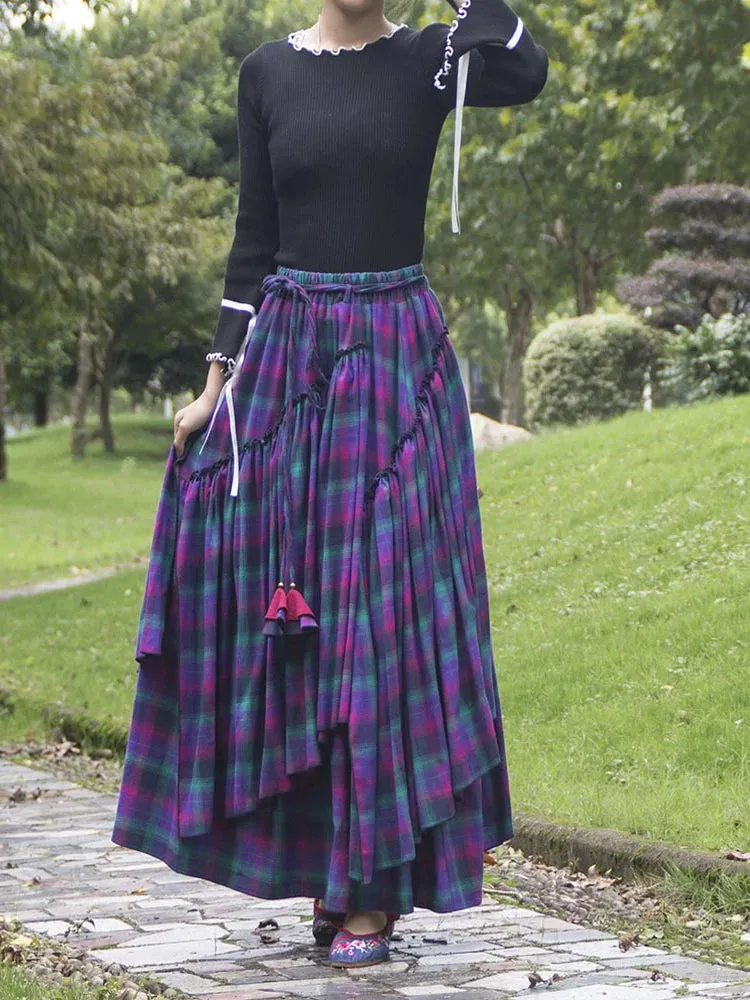 Purple Tartan Irregular Brushed Cotton Pleated Medieval Skirt