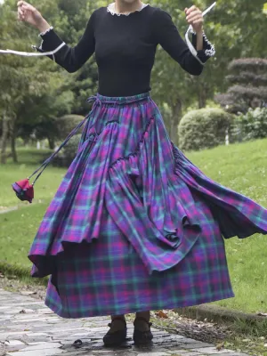 Purple Tartan Irregular Brushed Cotton Pleated Medieval Skirt