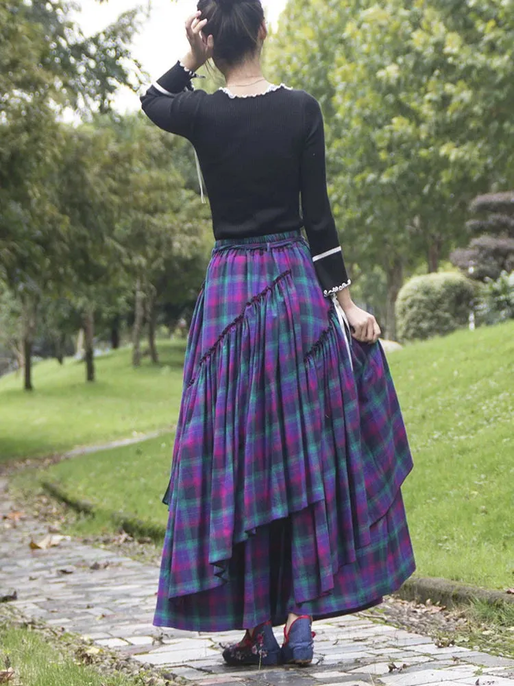 Purple Tartan Irregular Brushed Cotton Pleated Medieval Skirt