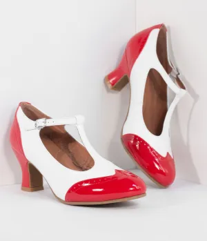 Royal Vintage 1920s Red & White Two-Tone Leather T-Strap Heels