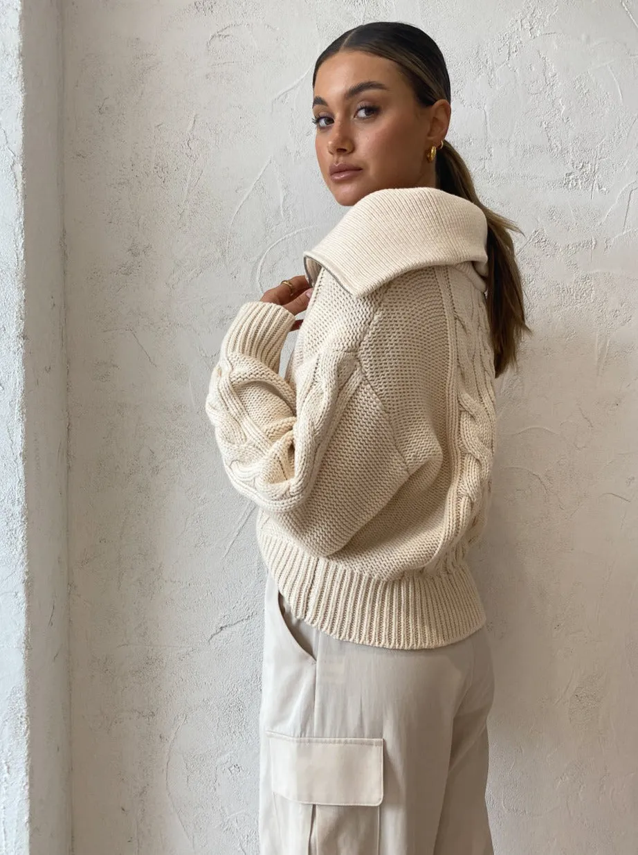 Shona Joy Eva Cable Zip Up Jumper in Crema