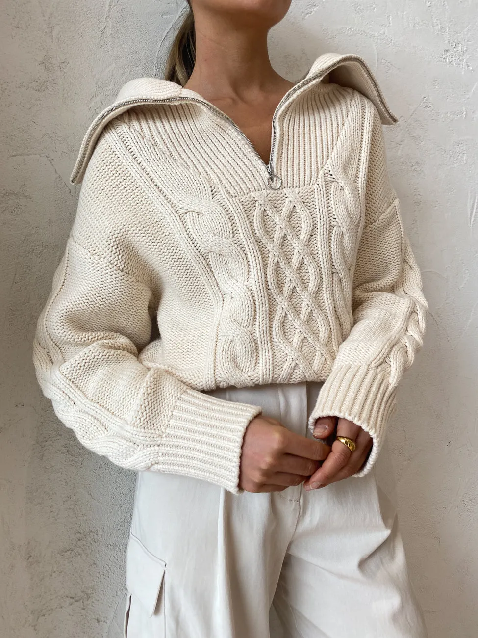 Shona Joy Eva Cable Zip Up Jumper in Crema