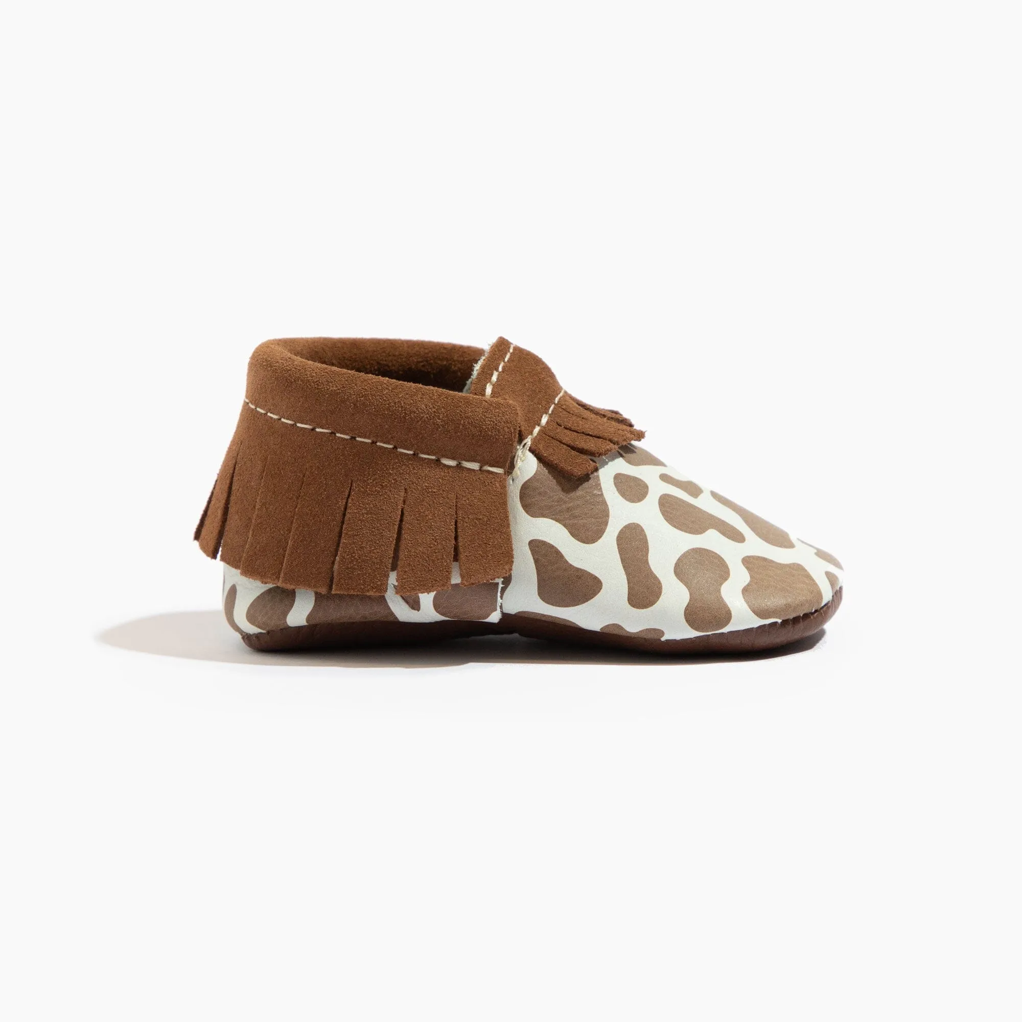 Suede Cow Print Moccasin Baby Shoe