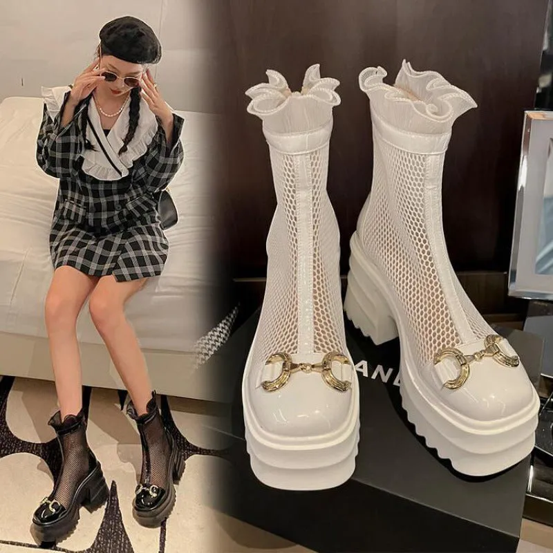 Super High Heel Summer Mesh Martin Boots for Women British Wild Chunky Heel Platform Breathable Sandal Boots Spring and Autumn Hollow out Ankle Boots